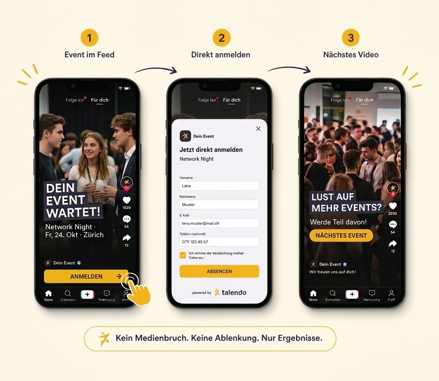 Social Apply mit talendo: Ein Event-Video im Feed entdecken, direkt im mobilen Formular für das Event anmelden und zum nächsten Event-Video zurückkehren.