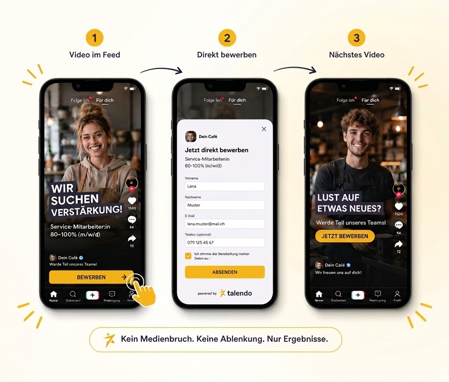 Social Apply mit talendo: Ein Recruiting-Video im Feed entdecken, direkt im mobilen Formular bewerben und zum nächsten Video zurückkehren.